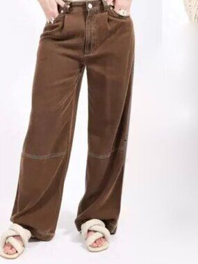 Rodebjer Eileen Ranch Pants Mid Rise Pleated Front Relaxed Wide Leg Brown XS